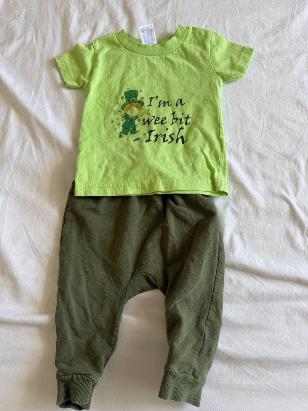 Green "I'm a wee bit Irish" Baby Tee and Olive Pants Set